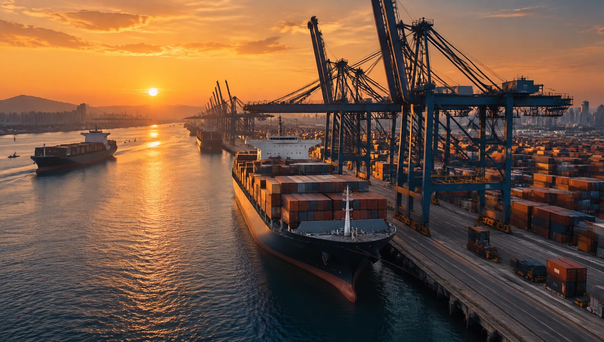 Port international au coucher du soleil